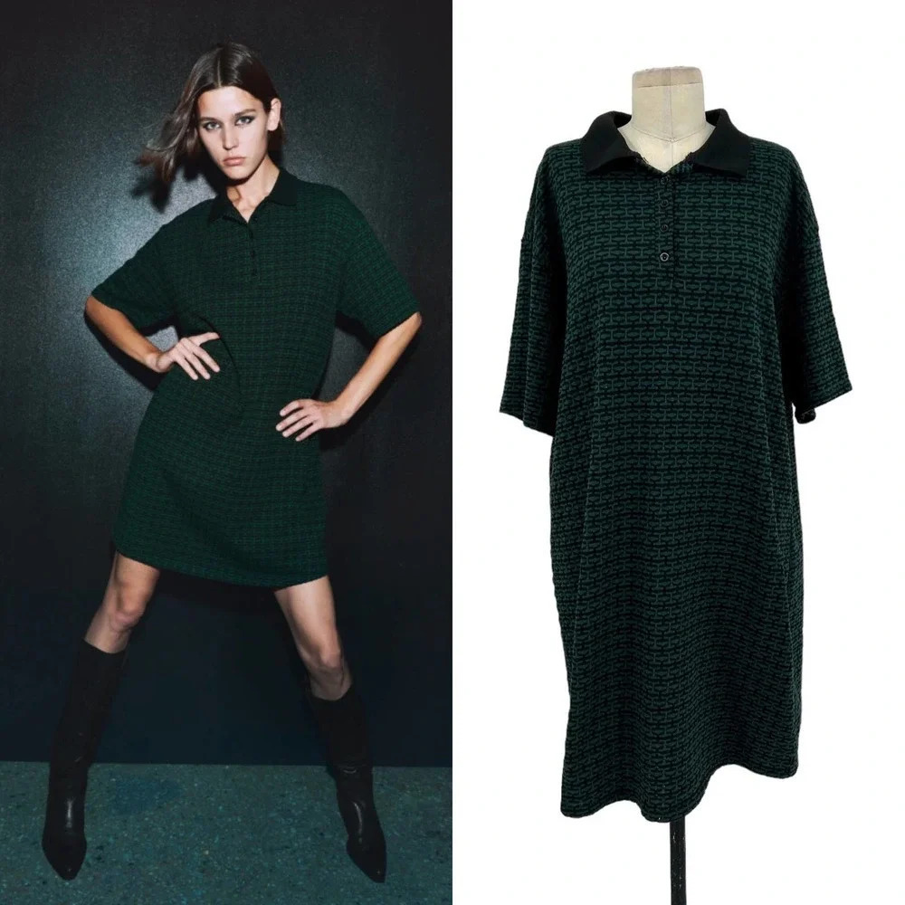 Zara Jacquard Polo Short Sleeve Tee Shirt‎ Dress Green Black Size Medium